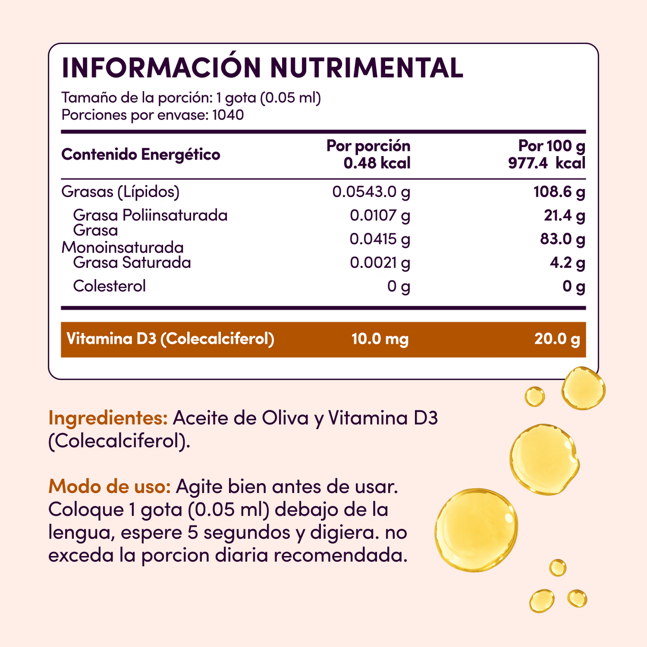 Vitamina D3 con aceite de oliva en gotero